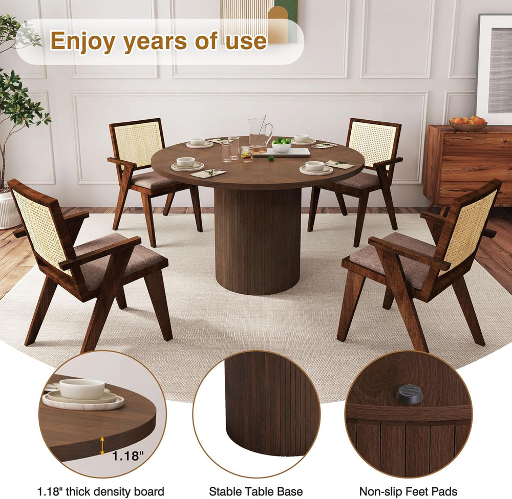 QHITTY Fluted Round Dining Table, 47-inch Wood Kitchen for 4, Farmhouse Circl...