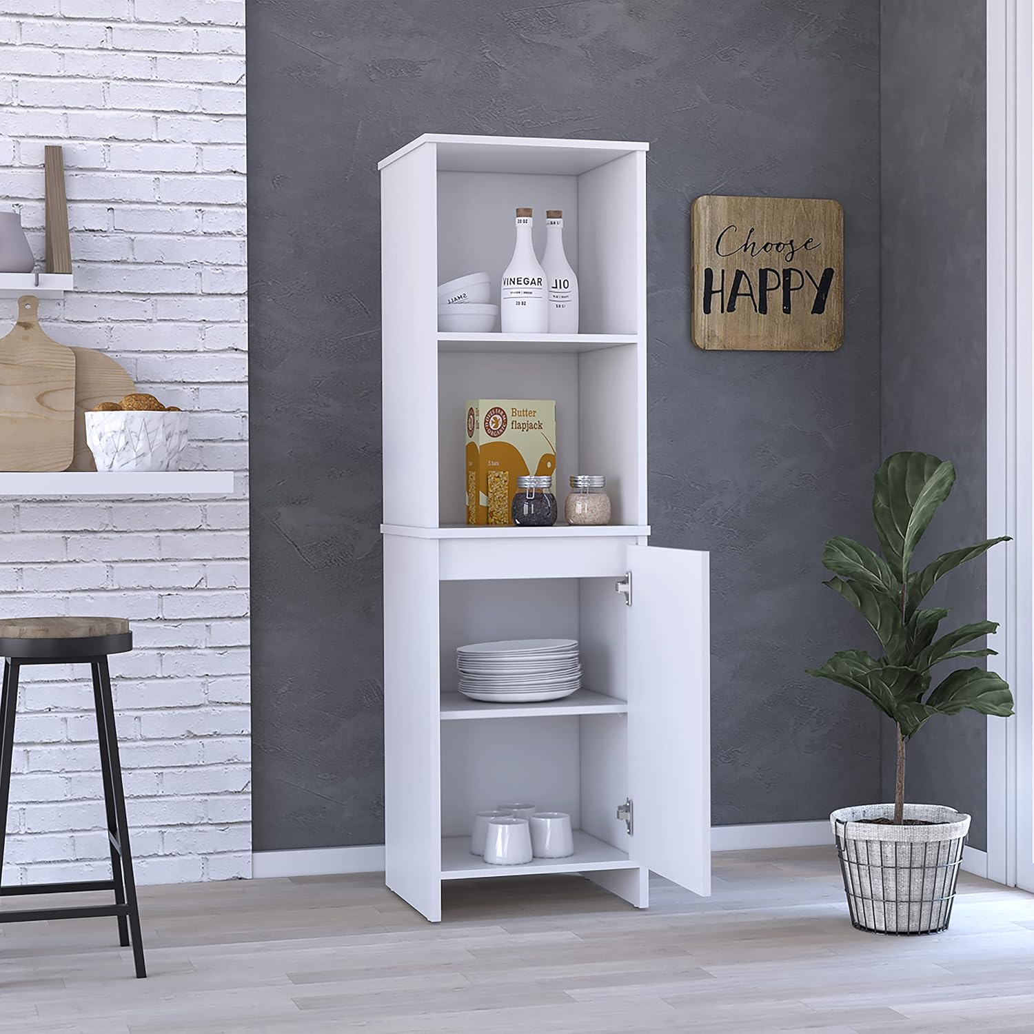 24.4" D*16.53" W*48.03" H Freestanding Kitchen Pantry with 2 Shelves, Lower Single Door, Rectangular Storage Cabinet, Modern Minimalist, for Living Room, Dining Room, White
