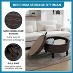 30 Inch Round Ottoman with Storage, Tufted PU Leather Storage Bench for Bedroom, Living Room & Entryway, Modern Upholstered Coffee Table with Wooden Black Legs, Light Brown(PU)