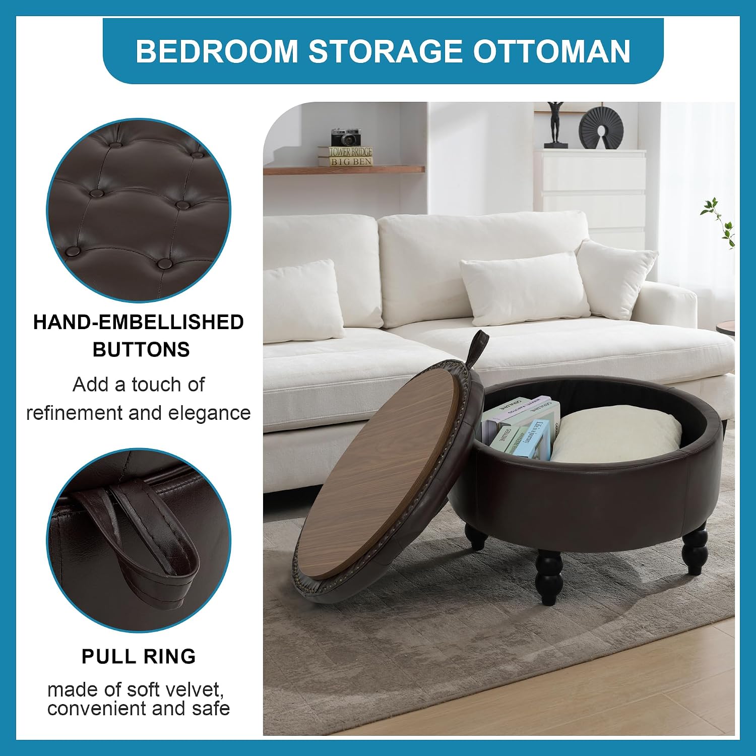 30 Inch Round Ottoman with Storage, Tufted PU Leather Storage Bench for Bedroom, Living Room & Entryway, Modern Upholstered Coffee Table with Wooden Black Legs, Light Brown(PU)