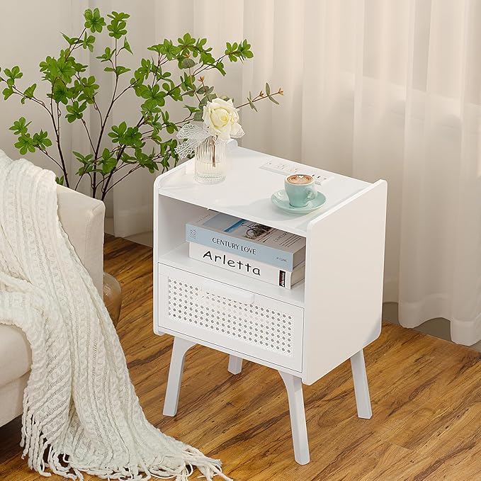 Lerliuo Rattan Nightstand with Charging Station, Side Table with Drawer Open ...