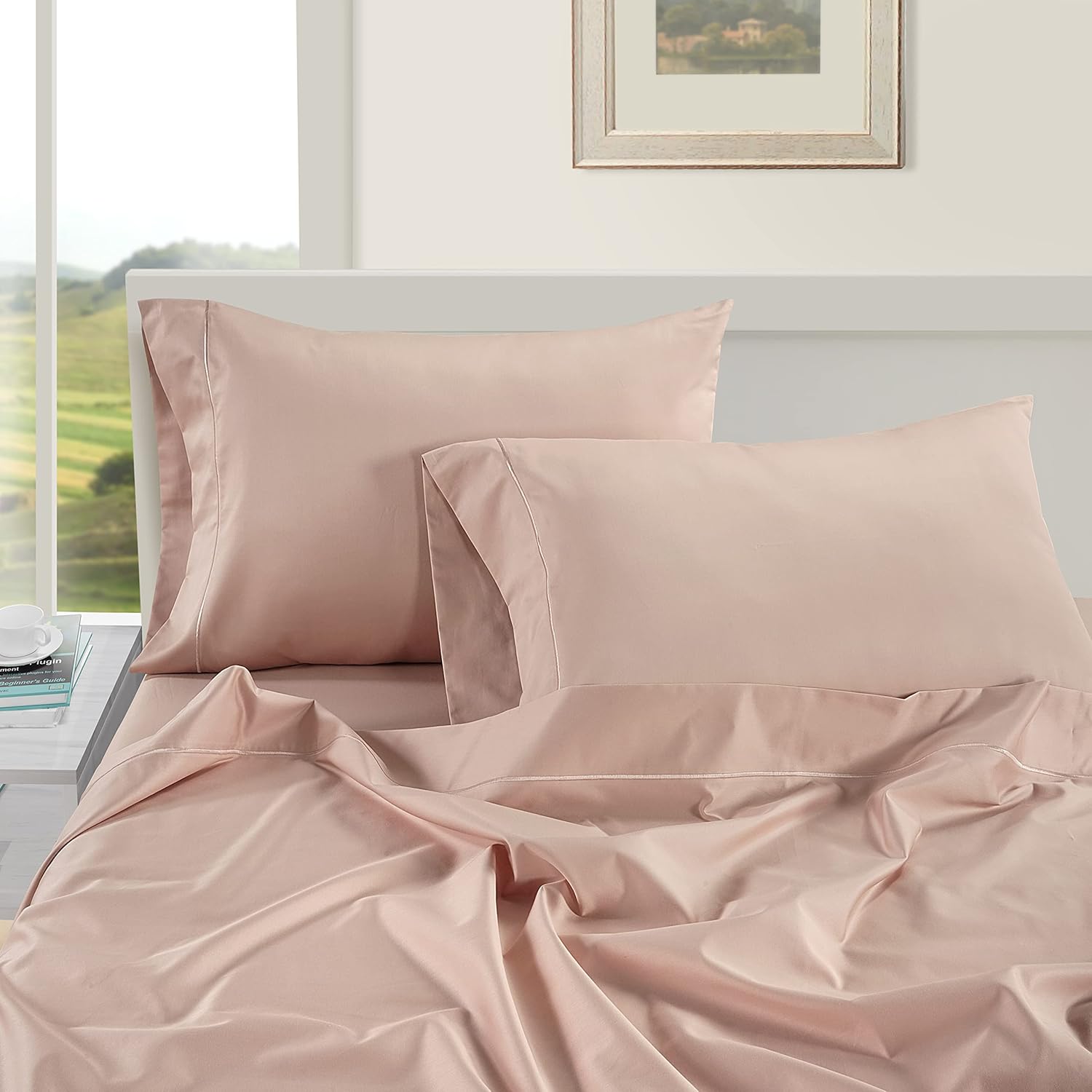LANE LINEN Pillow Case Covers King Set of 2 100% Egyptian Cotton Sateen Soft Cool & Smooth 1000 Thread Count Cases - Sepia Rose