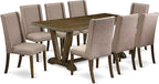 East West Furniture V777FL716-9 9 Piece Dining Table Set Includes a Rectangle Kitchen Table with V-Legs and 8 Dark Khaki Linen Fabric Upholstered Chairs, 40x72 Inch, Multi-Color