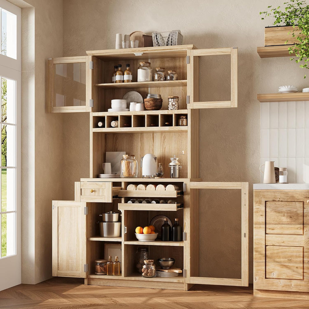 Polibi Farmhouse Freestanding Kitchen Pantry Cabinet Buffet with Hutch, Wine ...