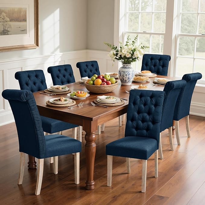 CHUN YI Dining Chairs Set of 8, Button Tufted Upholstered Fabric Dining Room Chairs with Solid Wood Legs and Curved Back, Parsons Side Chairs for Kitchen, Navy