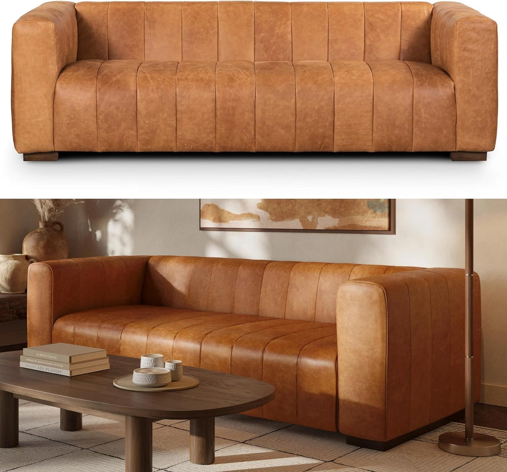 POLY & BARK Canale Sofa – 86" Channel-Tufted Italian Leather Couch –...