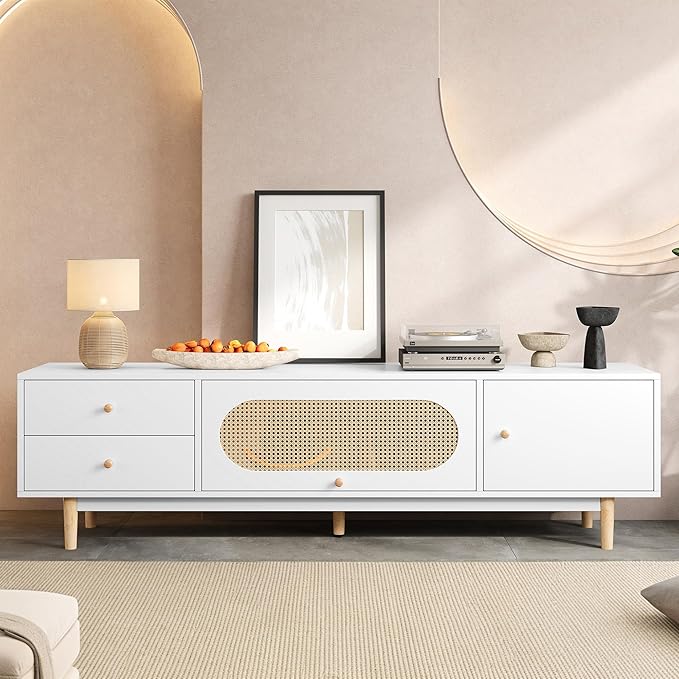 Marzzi Modern 70" TV Stand with Rattan Door, Mid-Century Boho Entertainment Center with Storage Cabinet & 2 Drawers, White Media Console with Cable Hole, Solid Wood Legs