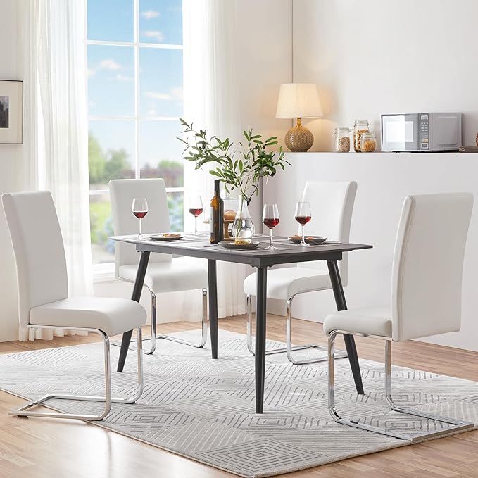 Yaheetech Dining Chairs Set of 6 Modern Faux Leather Upholstered Dining Room Chairs with High Back and Metal Chrome Legs for Kitchen/Living Room/Restaurant, White