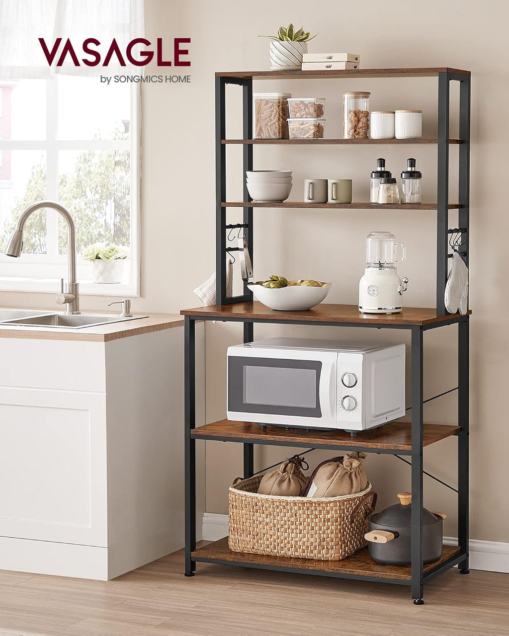 VASAGLE Coffee Bar, 31.5 Inches Baker's Rack for Kitchen with Storage, 6-Tier Kitchen Shelves with 6 Hooks, Microwave Stand, Industrial, Rustic Brown and Ink Black UKKS019B01