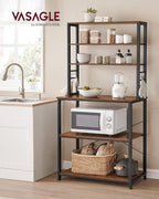 VASAGLE Coffee Bar, 31.5 Inches Baker's Rack for Kitchen with Storage, 6-Tier Kitchen Shelves with 6 Hooks, Microwave Stand, Industrial, Rustic Brown and Ink Black UKKS019B01