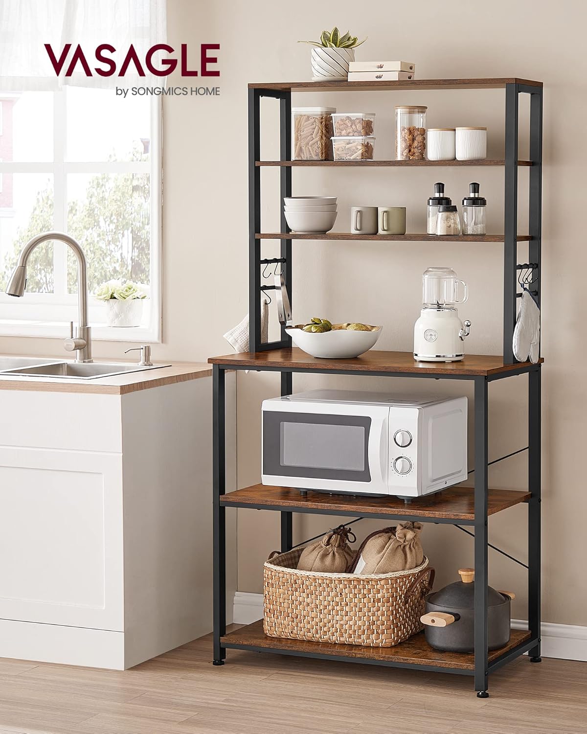 VASAGLE Coffee Bar, 31.5 Inches Baker's Rack for Kitchen with Storage, 6-Tier Kitchen Shelves with 6 Hooks, Microwave Stand, Industrial, Rustic Brown and Ink Black UKKS019B01