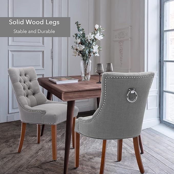 Upholstered Dining Chairs with Arms, Set of 4, Dining Room Chairs with Solid Wood Legs and Tufted Backrest(Linen+Grey)
