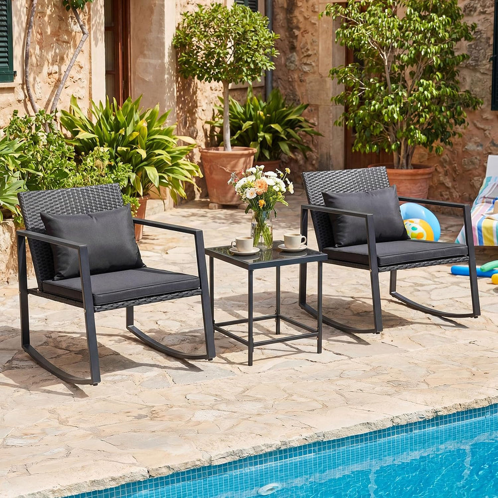 Tangkula 3 Pieces Outdoor Rocking Chairs Set, Rattan Heavy Duty Cushioned Roc...