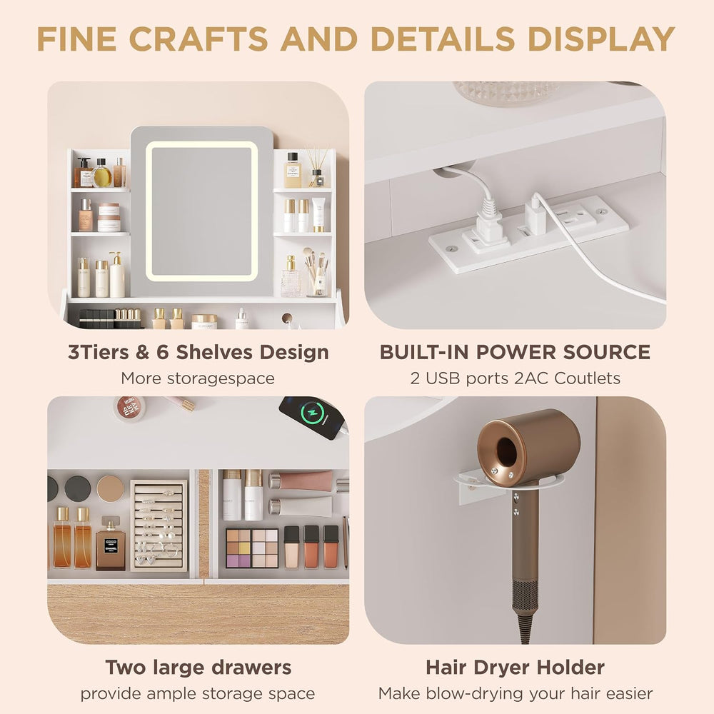 Vabches Vanity Desk with Mirror and Lights, Vanity with Lighted Mirror | Whit...