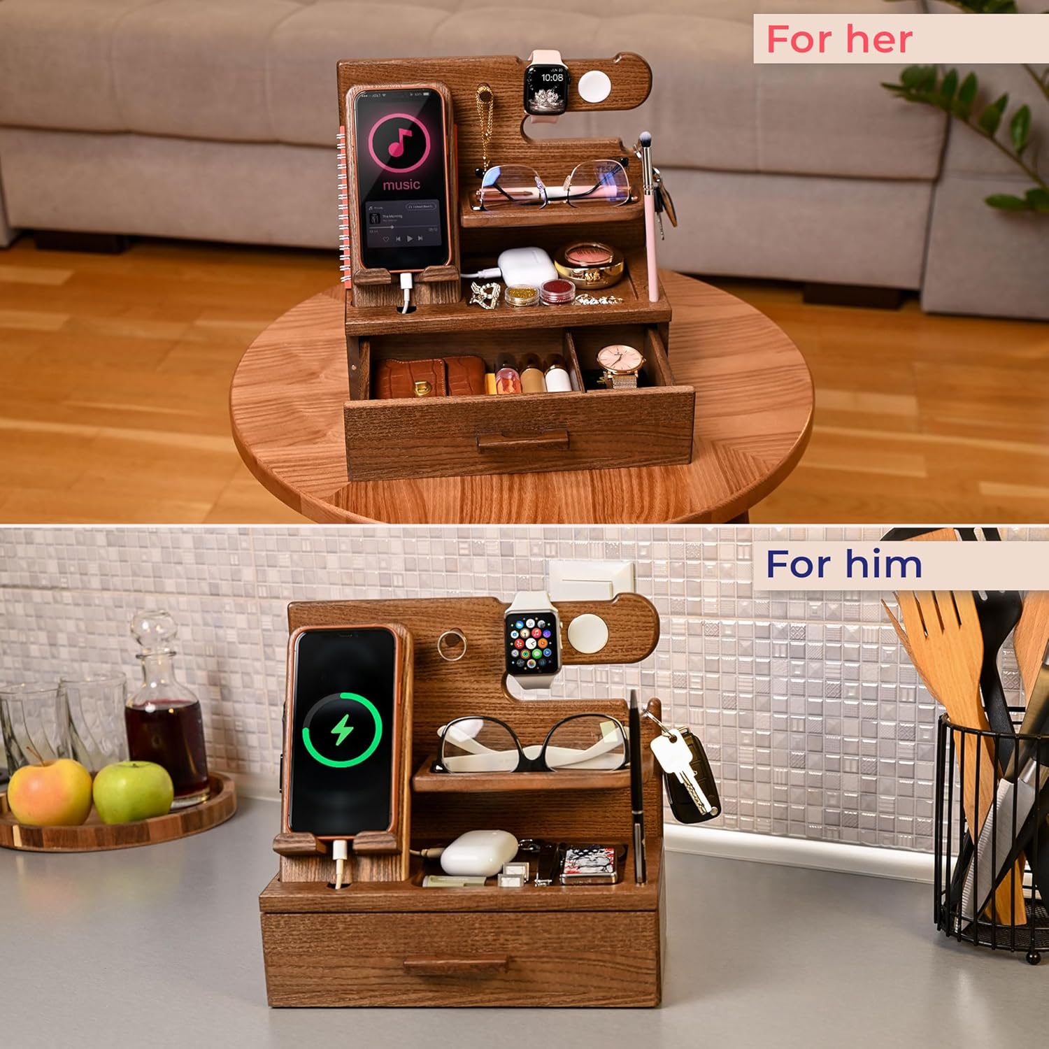 TESLYAR Wood Phone Docking Station with Drawer - Nightstand Organizer - Desk Organizer for Husband - Birthday Gifts for Men, Dad, Anniversary Idea, Key Holder Stand Watch & Accessories (Earth Beige)