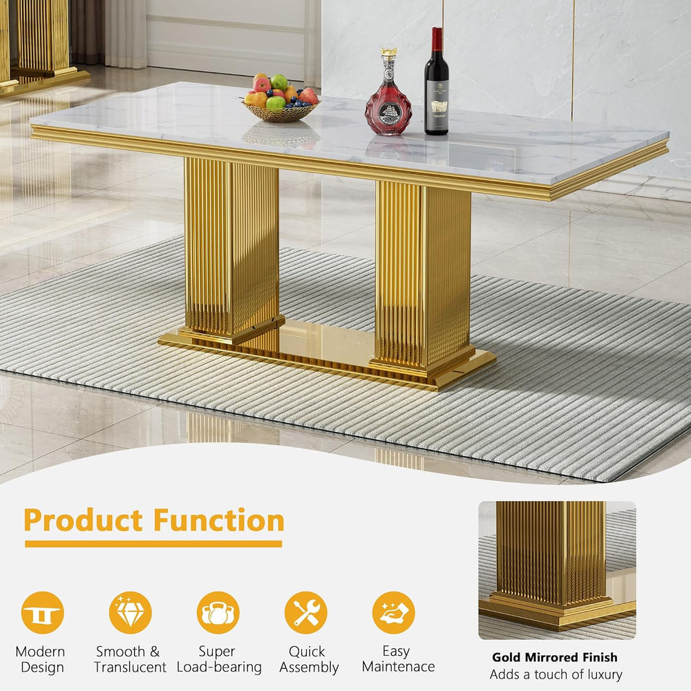 68 in Faux Marble Dining Table for 4-6, White Marble Dining Table with Gold S...