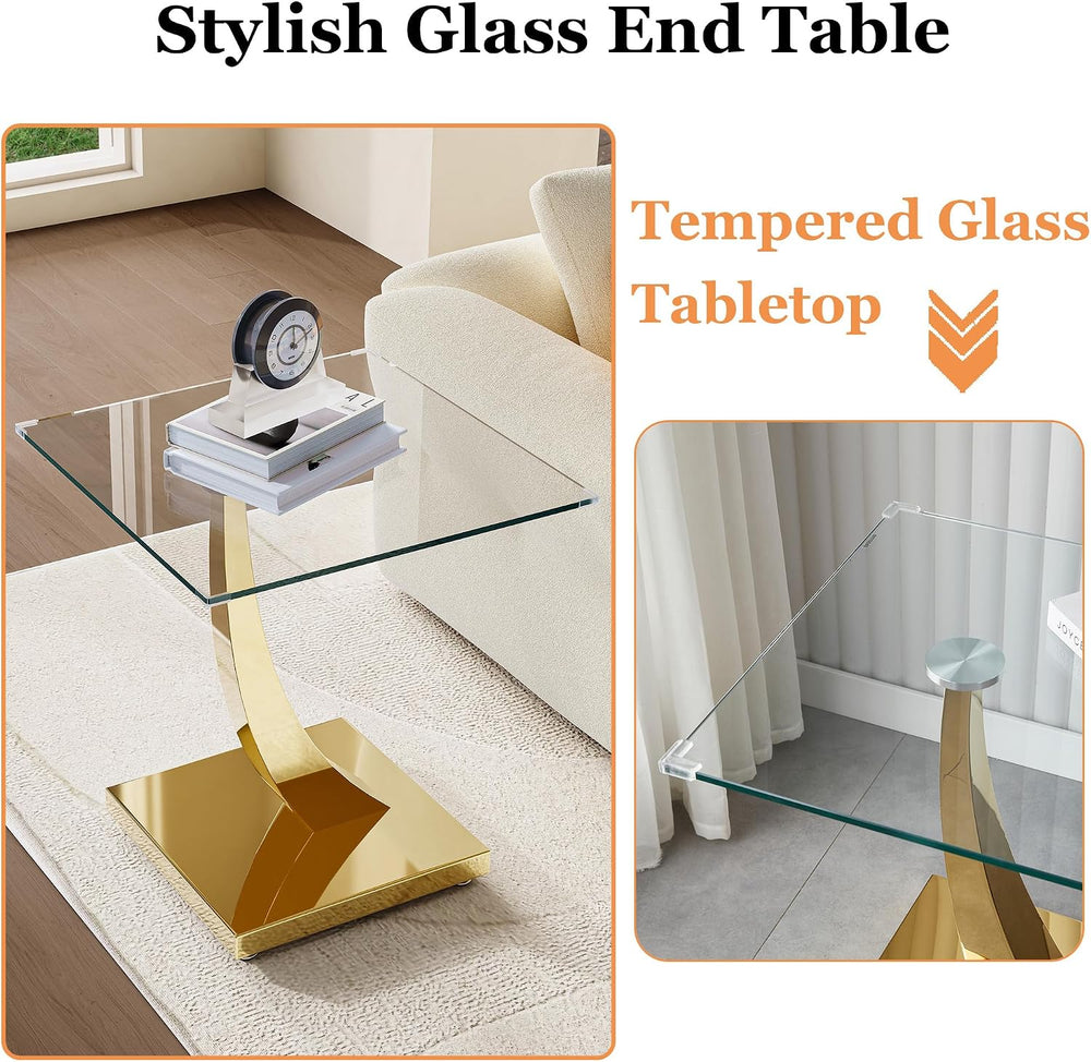 23" Glass End Table, Modern Square Side Table with Tempered Glass Top an...