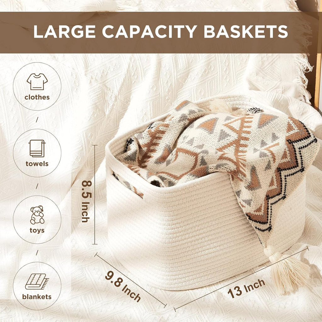 Temary Woven Storage Baskets, Set of 3 Rope Baskets for Storage Clothes, Towels, Versatile Boho Storage Bins (White, 13"x9.8"x8.5")