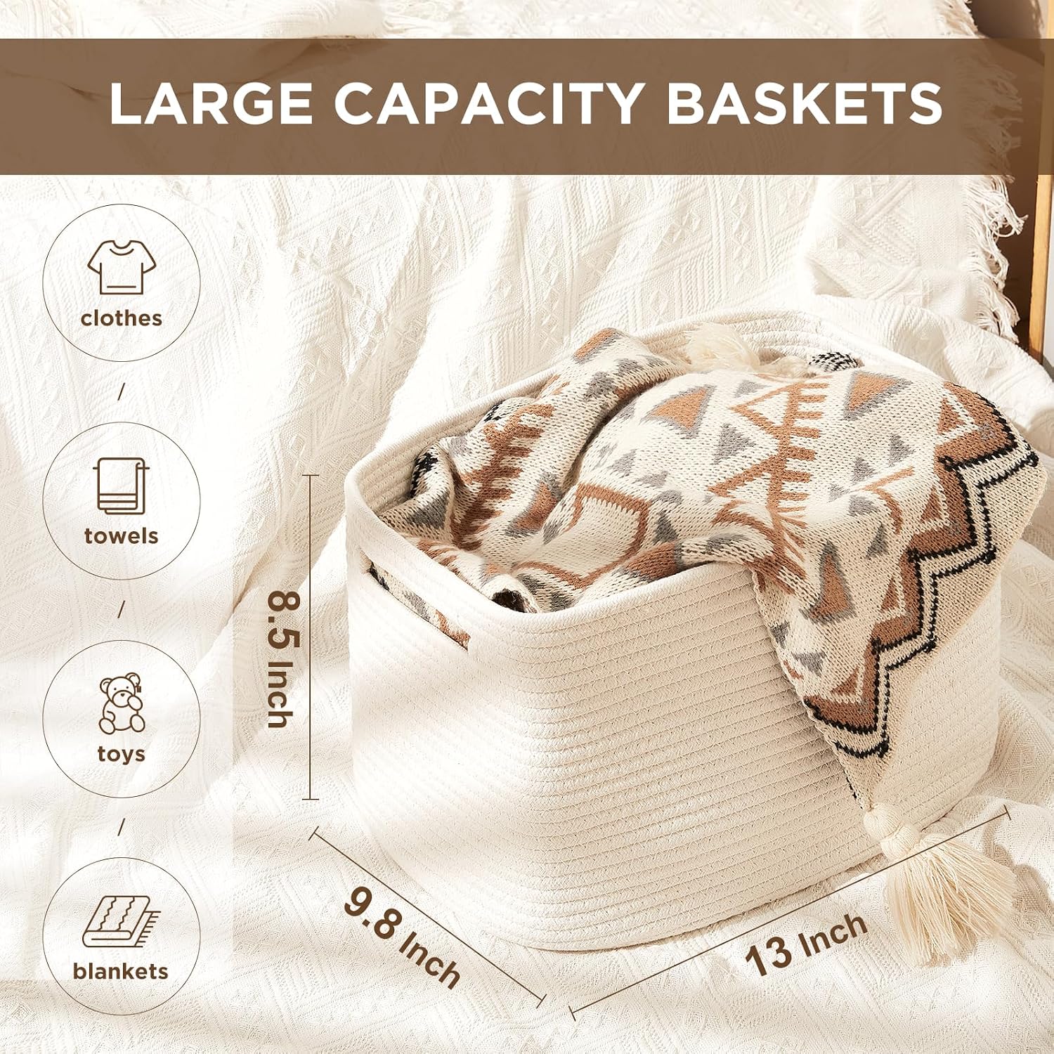Temary Woven Storage Baskets, Set of 3 Rope Baskets for Storage Clothes, Towels, Versatile Boho Storage Bins (White, 13"x9.8"x8.5")