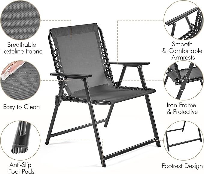 Yaheetech Patio Dining Chairs Set of 2 with Armrests and Backrests, Outdoor Texteline Folding Chairs All Weather for Garden, Lawn, Porch and Backyard, Dark Gray