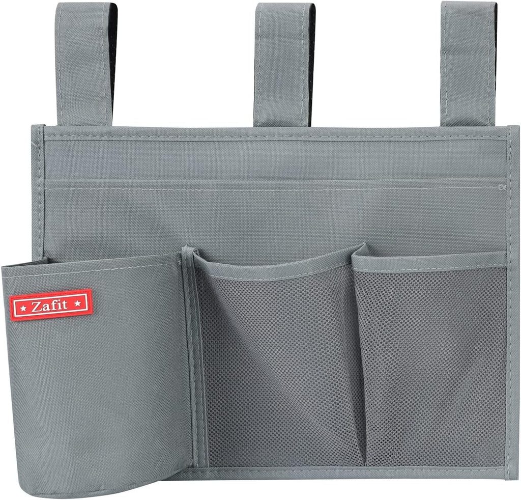 Hanging Bedside Caddy, Bedside Storage Organizer for Magazine, Phone, Remote control (4 Pockets-Grey)