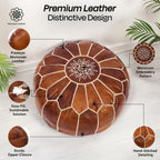 Moroccan Leather Handmade Pouf Ottoman Cover, Unstuffed Foot Stool, Round Boho Footrest for Living Room, Bedroom, Home Decor Gift (Dark Tan By White)