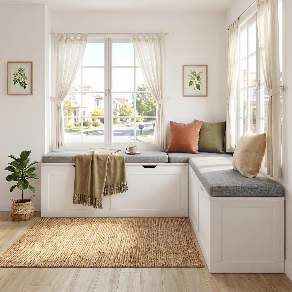 63” Breakfast Nook Bench, L Shaped Storage Bench with Cushion, White | Corner...