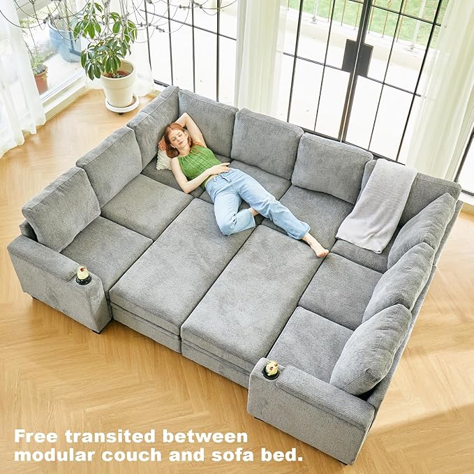 Belffin Oversized U Shaped Modular Sectional Couches for Living Room 10 Seater Modular Sofa Set with Storage Ottoman Large Sectional Couch with Cup Holder. Light Grey Sofa