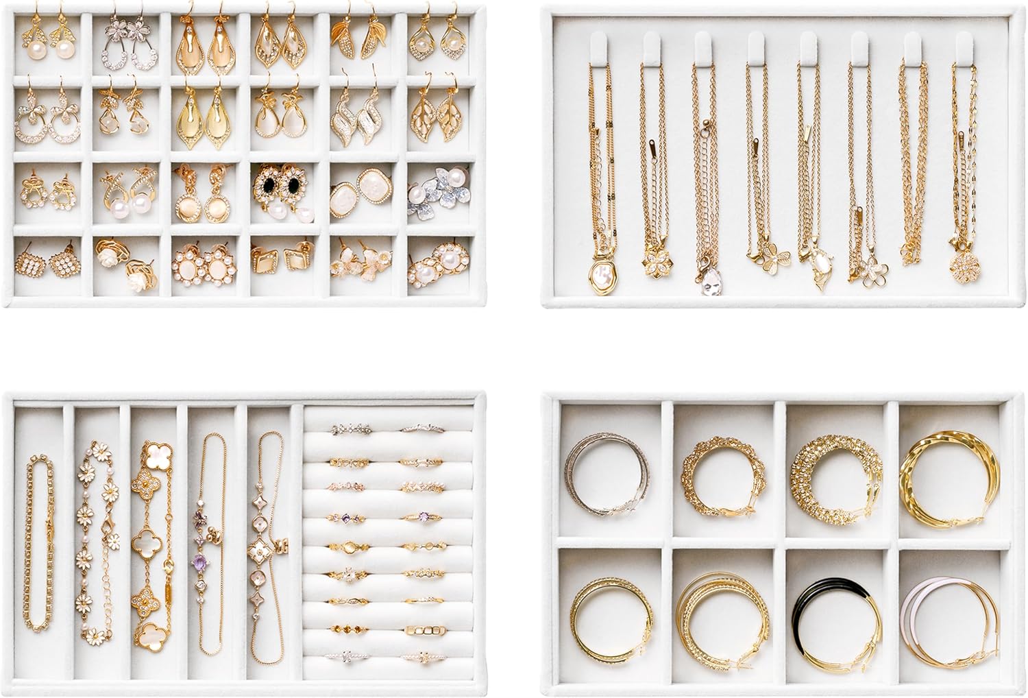 Velvet Jewelry Drawer Organizer Trays – White Stackable Jewelry Storage Inserts Set, 4-Layer Jewelry Tray Set for Earrings, Rings, Necklaces, Bracelets with Removable Dividers for Dresser & Vanity