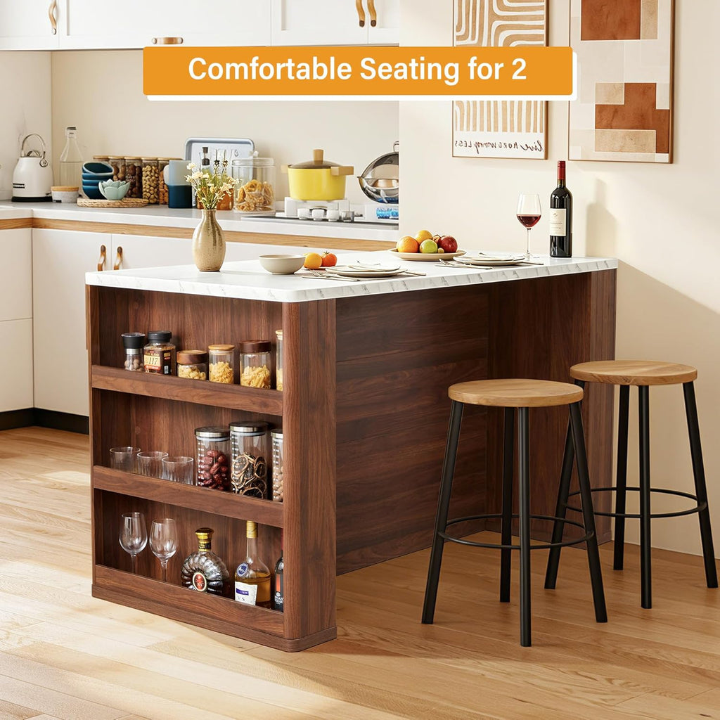 59" Kitchen Island with Storage & Seating for 2, Modern Stationary Kitchen Island with Faux Marble Top, 2 Drawers, Open Shelves & 5 Hooks, Counter Height Prep Table for Dining & Kitchen (Walnut)