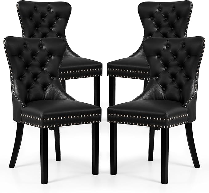 SyMax Dining Chairs Set of 4, Faux Leather Parson Dining Room Chairs, High-End Tufted Kitchen Side Chairs for Bedroom, Living Room, Black