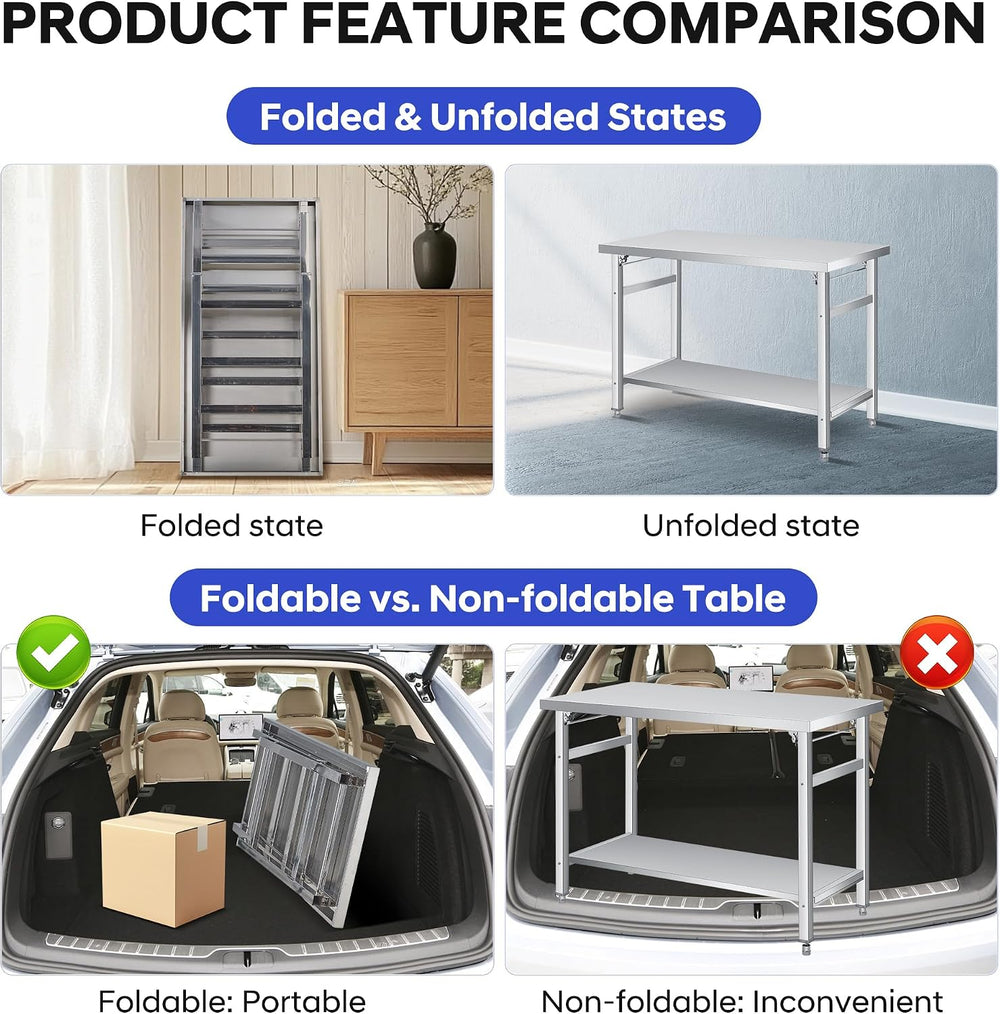 48" x 24" Stainless Steel Folding Table - 920 LBS Commercial Foldab...