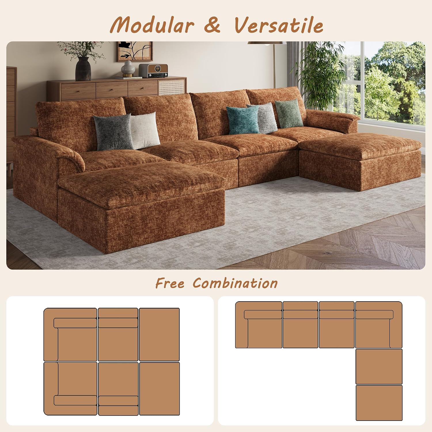 EASE MOOSE Boneless Couches for Living Room, 147" U Shaped Couch, Brown | Modular Sectional Sofa, No Assembly, Pet-Friendly Chenille Fabric, Oversized Deep Seat, Removable Covers, Anti-slip Bottom
