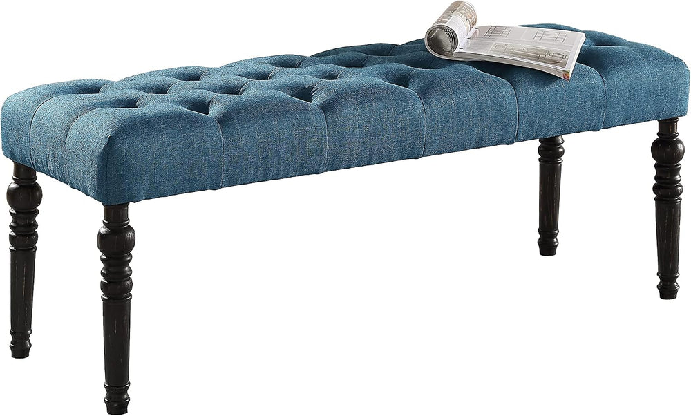 Roundhill Furniture Leviton Fabric Tufted Turned Leg Dining Bench, Blue