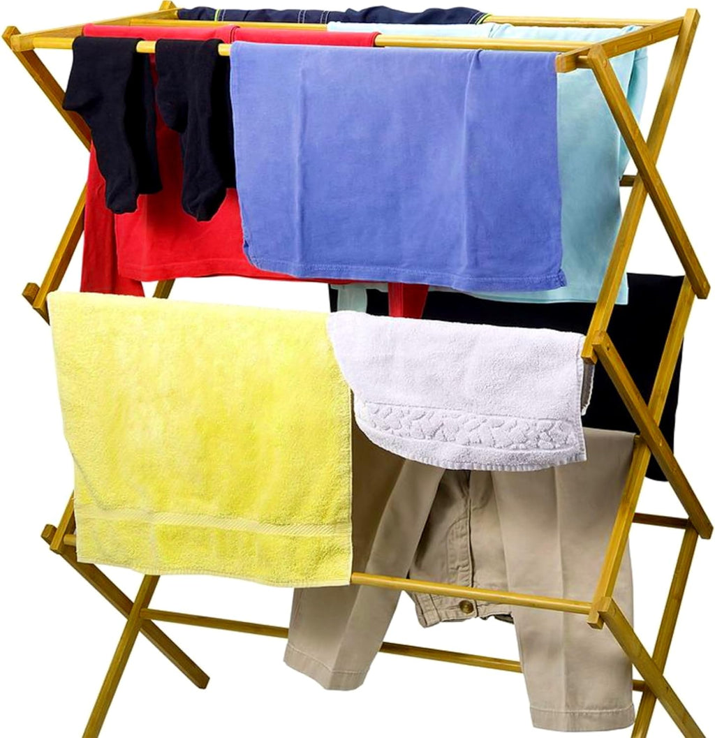 HOME IT Wooden Clothes Drying Rack for Laundry - Collapsible Folding Bamboo Laundry Drying Rack for Drying Clothes - Heavy Duty Pre Assembled
