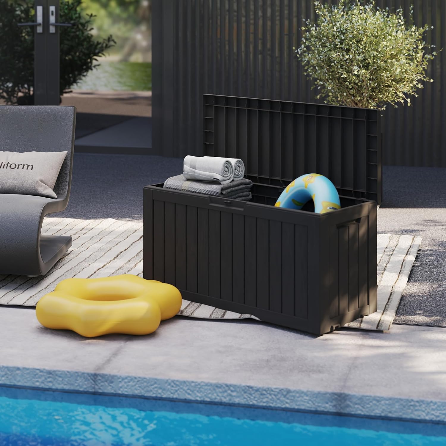 TARKARI 90 Gallon Lockable Resin Deck Box with Wheels, Waterproof & UV-Resistant Outdoor Storage Box for Outdoor Cushion Storage, Garden Tools & Pool Accessories Storage, Black