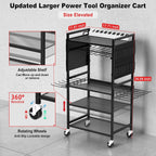 JUNNUJ Garage Large Power Tool Organizer Cart with 20A Charing Station, Heavy Duty Drill and Tools Battery Holder Storage Rack, Floor Standing Rolling Tool Cart on Wheels, Black