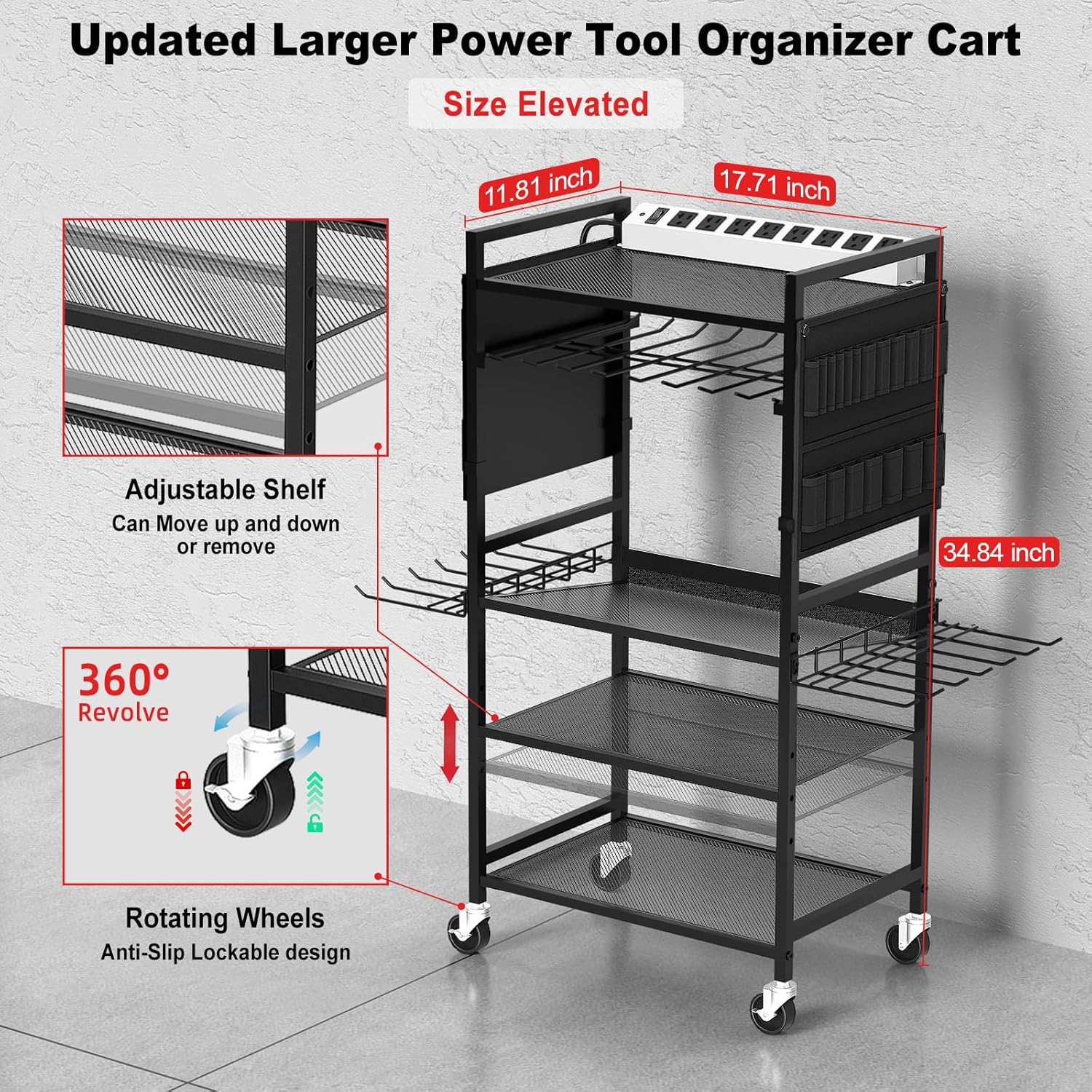 JUNNUJ Garage Large Power Tool Organizer Cart with 20A Charing Station, Heavy Duty Drill and Tools Battery Holder Storage Rack, Floor Standing Rolling Tool Cart on Wheels, Black