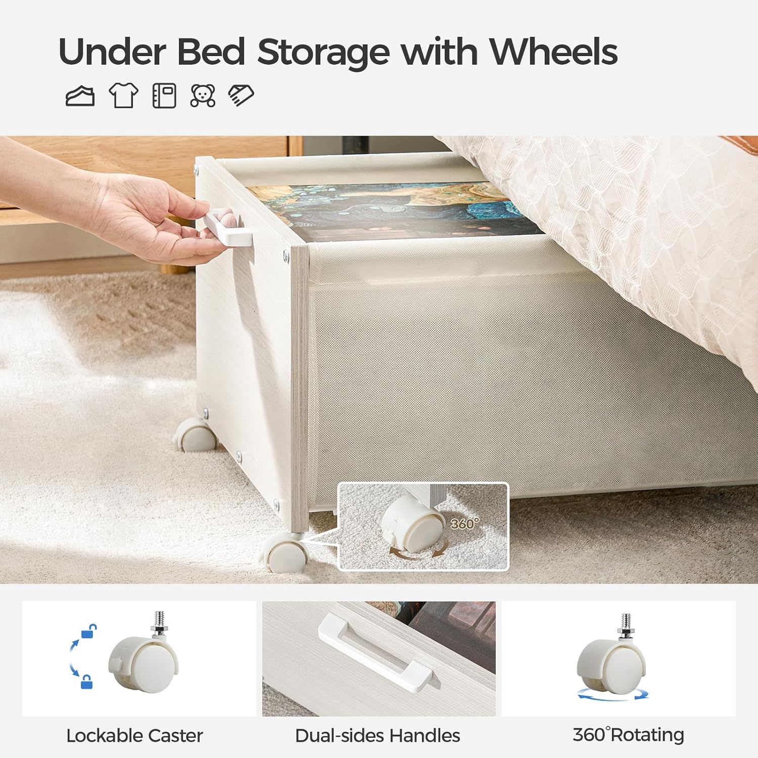 Under Bed Storage with Wheels, Wooden Under Bed Drawers On Wheels, Rolling Under Bed Shoe Storage, Space Saving,White,Quadruple Size,90L