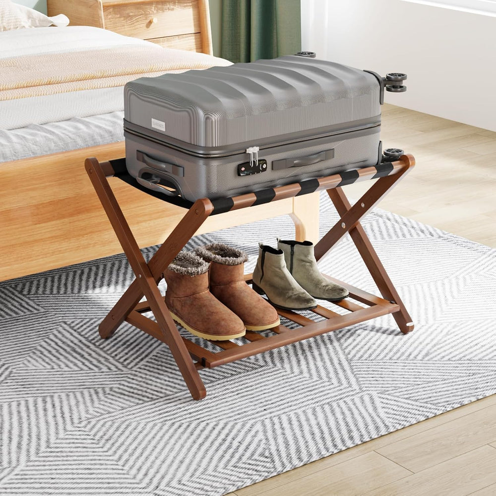 Smuxee Fully Assembled Walnut Luggage Rack, Upgraded Bamboo Foldable Suitcase...