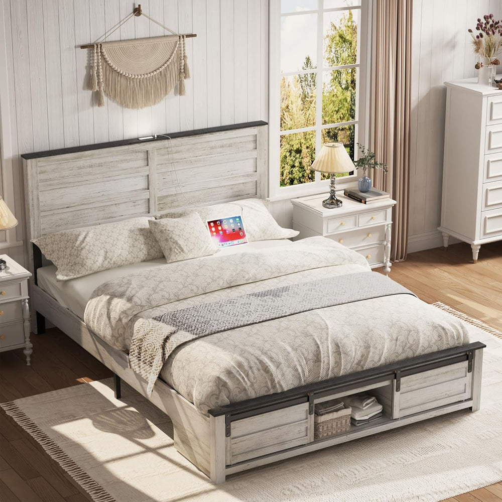 Queen Size Wooden Bed Frame with Headboard and Storage Footboard
