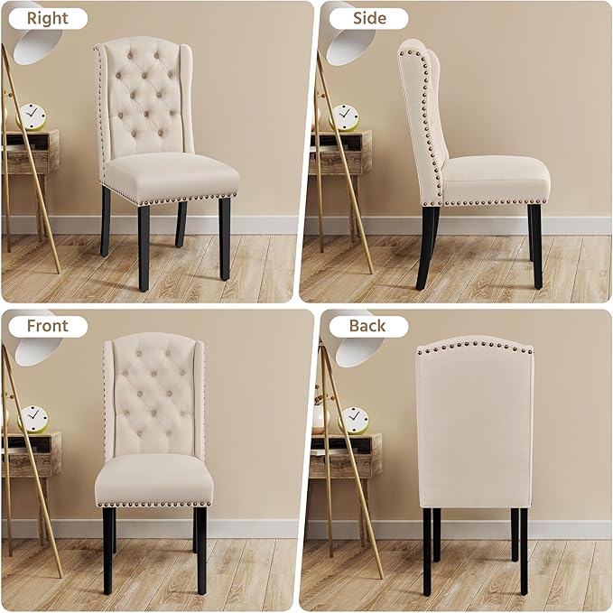 Yaheetech Upholstered Dining Chairs Set of 2 Button Tufted Kitchen Chairs with Solid Wood Legs and Nailhead Trims for Dining Room, Living Room, Restaurant, Beige