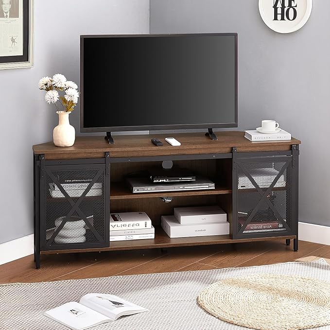 HOMISSUE Corner TV Stand for 55 Inch TV, Rustic Corner Entertainment Center with Storage, Industrial Media Console Table with Sliding Barn Door, Entertainment Center for Living Room, Brown
