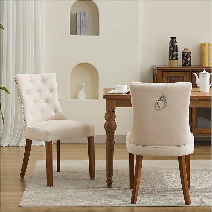 Upholstered Tufted Dining Chairs Set of 2, Fabric Side Dining Room Chairs with Nailhead Back Ring Pull Trim Solid Wood Legs, Beige