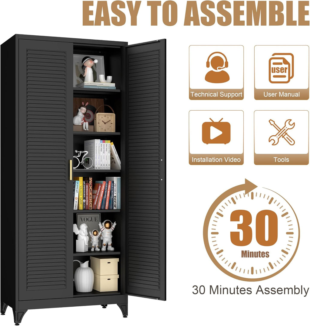 75" Tall Kitchen Storage Cabinets with 5 Adjustable Shelves, Black | Metal Storage Cabinet, Pantry with Louvered Doors, Large Cupboard, Locker for Kitchen, Office, School, Living Room, Dining