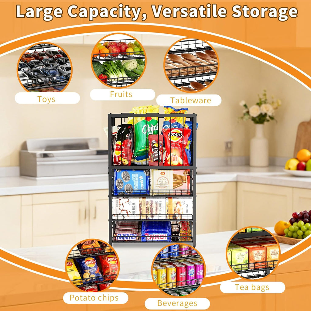 Candy Display Rack, 4 Tier Snack Organizer for Countertop, Potato Chip Bag Holder with Elastic Rope Frame, Snack Bar Station, Retail Display Shelf for Store, Pantry, Office (Black)