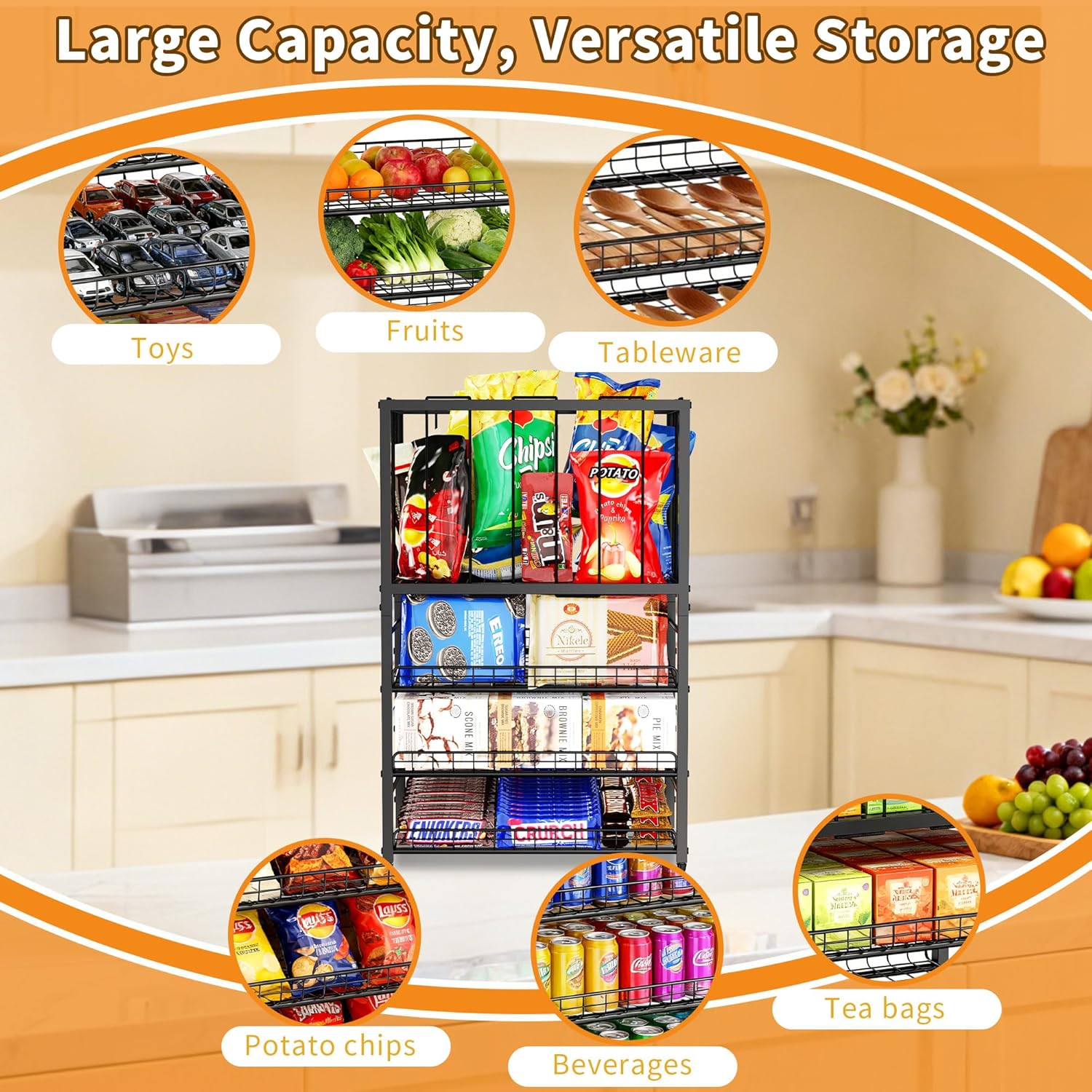 Candy Display Rack, 4 Tier Snack Organizer for Countertop, Potato Chip Bag Holder with Elastic Rope Frame, Snack Bar Station, Retail Display Shelf for Store, Pantry, Office (Black)