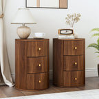 Fully Assembled Round End Table with 3 Storage Drawers, 15.75”Mid Century Side Table for Living Room, 3 Drawers Nightstand for Bedroom, Circle Sofa Bedside Table (Walnut-1 pc)