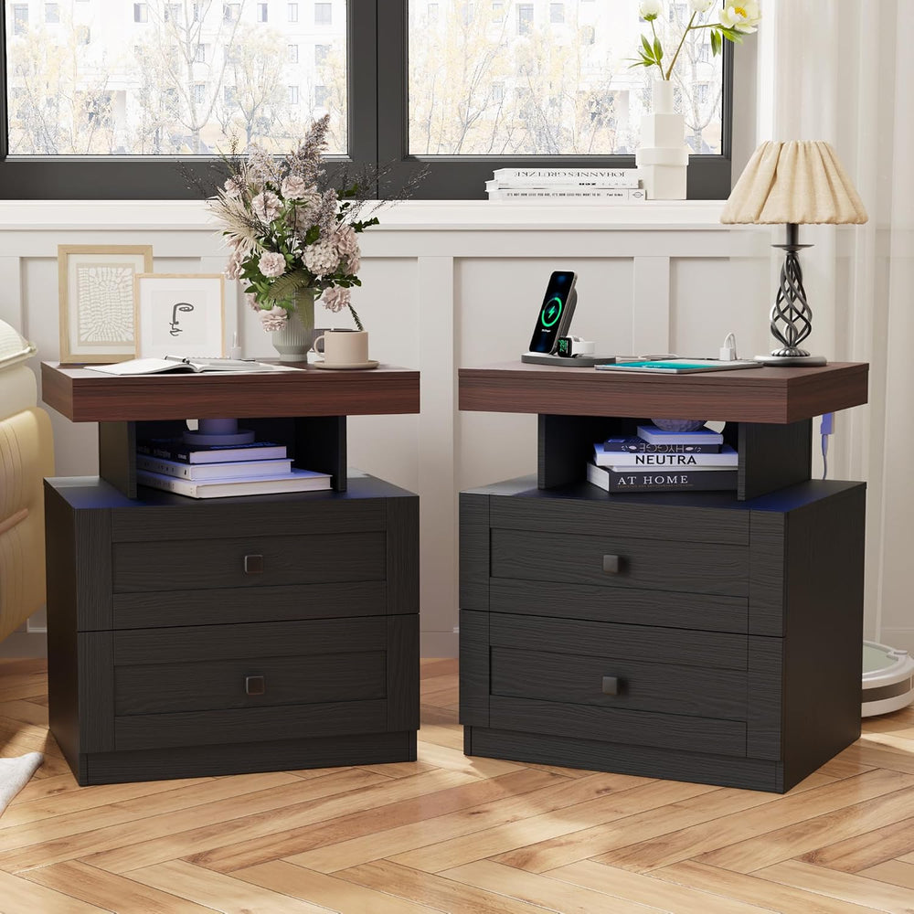 MHOM Farmhouse LED Nightstand Set of 2, Wood Bedroom Side Table with Charging...