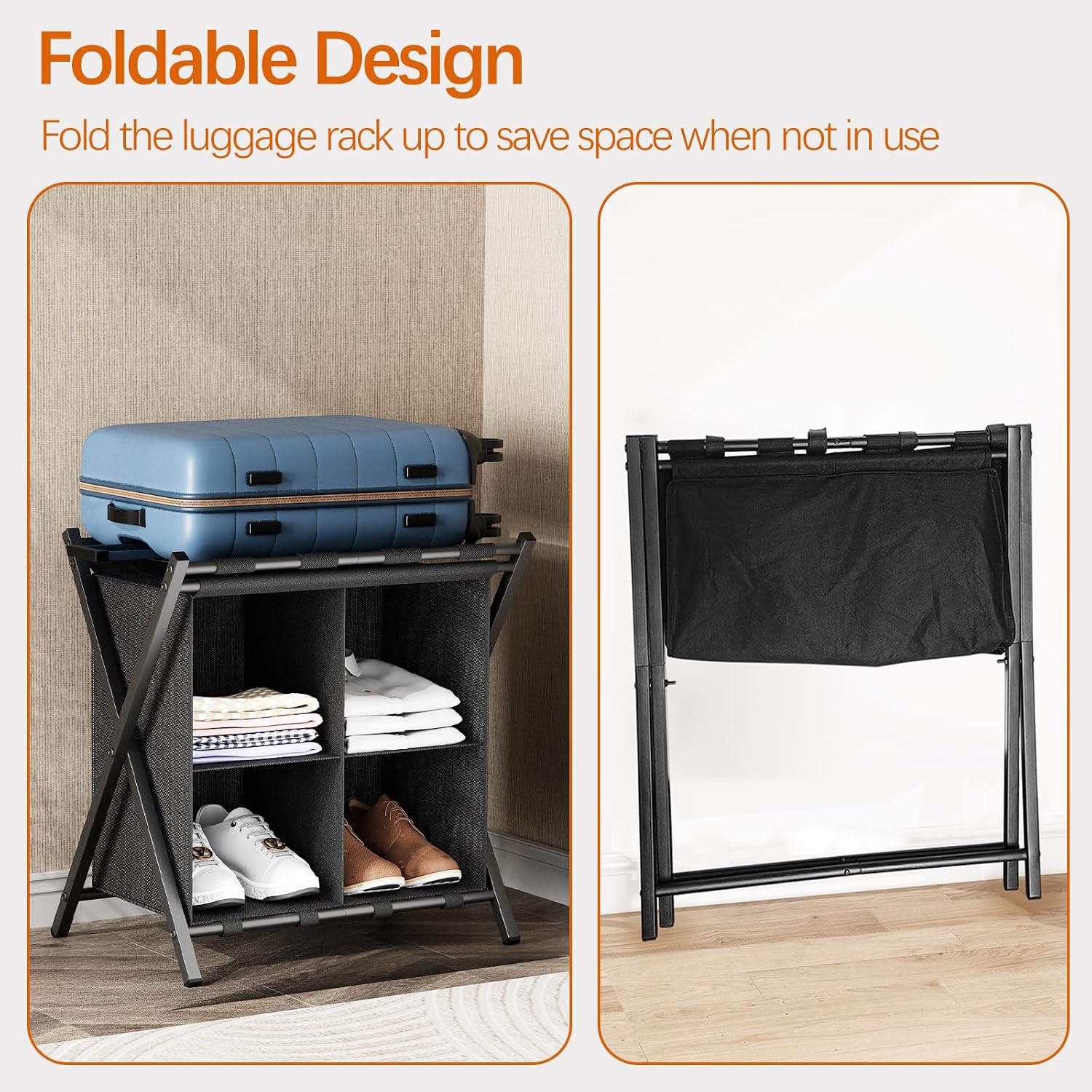 Huhote Luggage Rack for Guest Room, Set of 2, Folding Suitcase Stand with Fabric Storage Shelf, Luggage Holder, Steel Foldable Luggage Stand for Guest Room, Bedroom, Hotel, Black